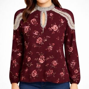 BKE Boutique Burgundy Floral Beaded Lace Blouse XL Boho Long Sleeve